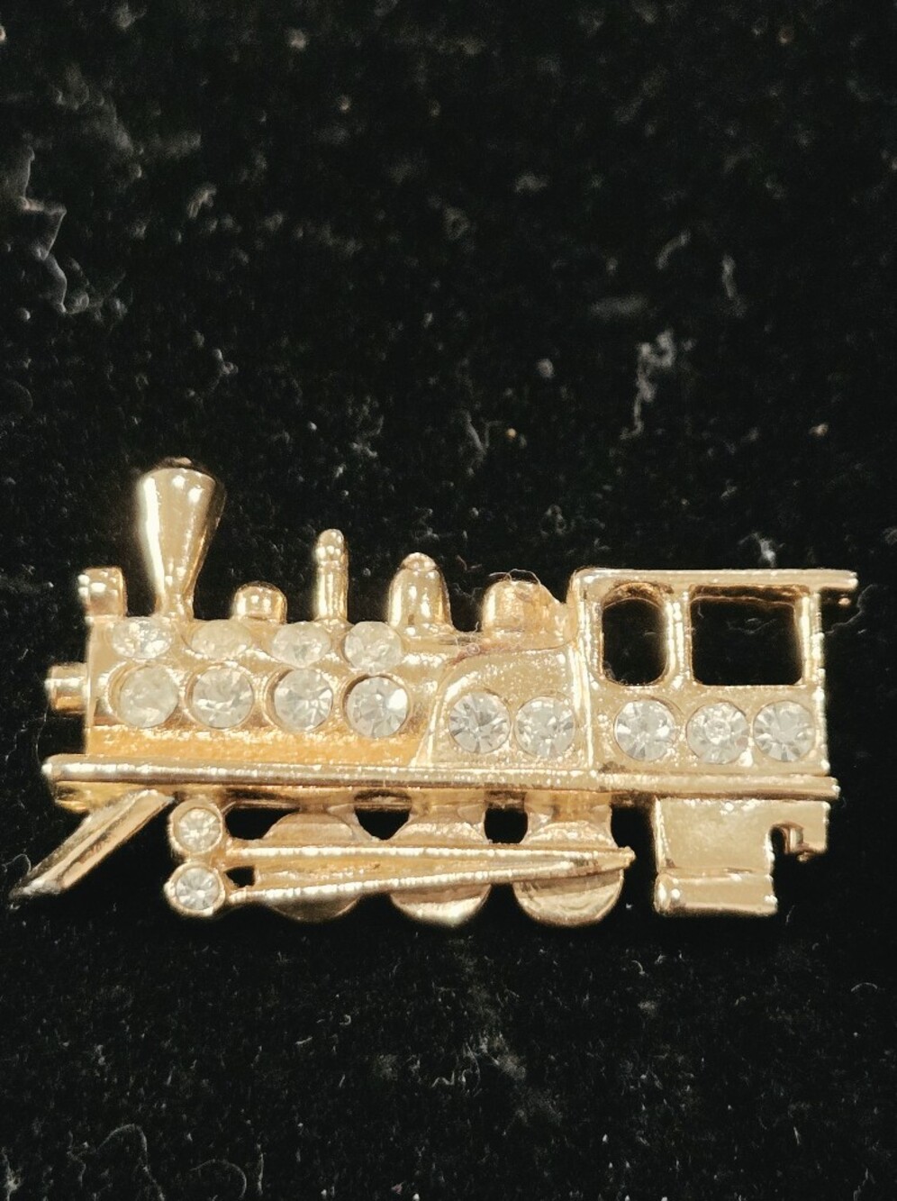 Vintage Gold Train Brooch with Clear Rhinestones
